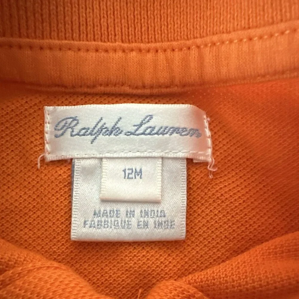 Ralph Lauren Baby Girls 12M Orange Sleeveless Collared Polo Romper Snap ruffles